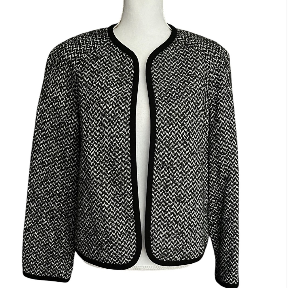 Kasper Open Blazer Silk Blend Jacket Black White Lined Womens Size 12